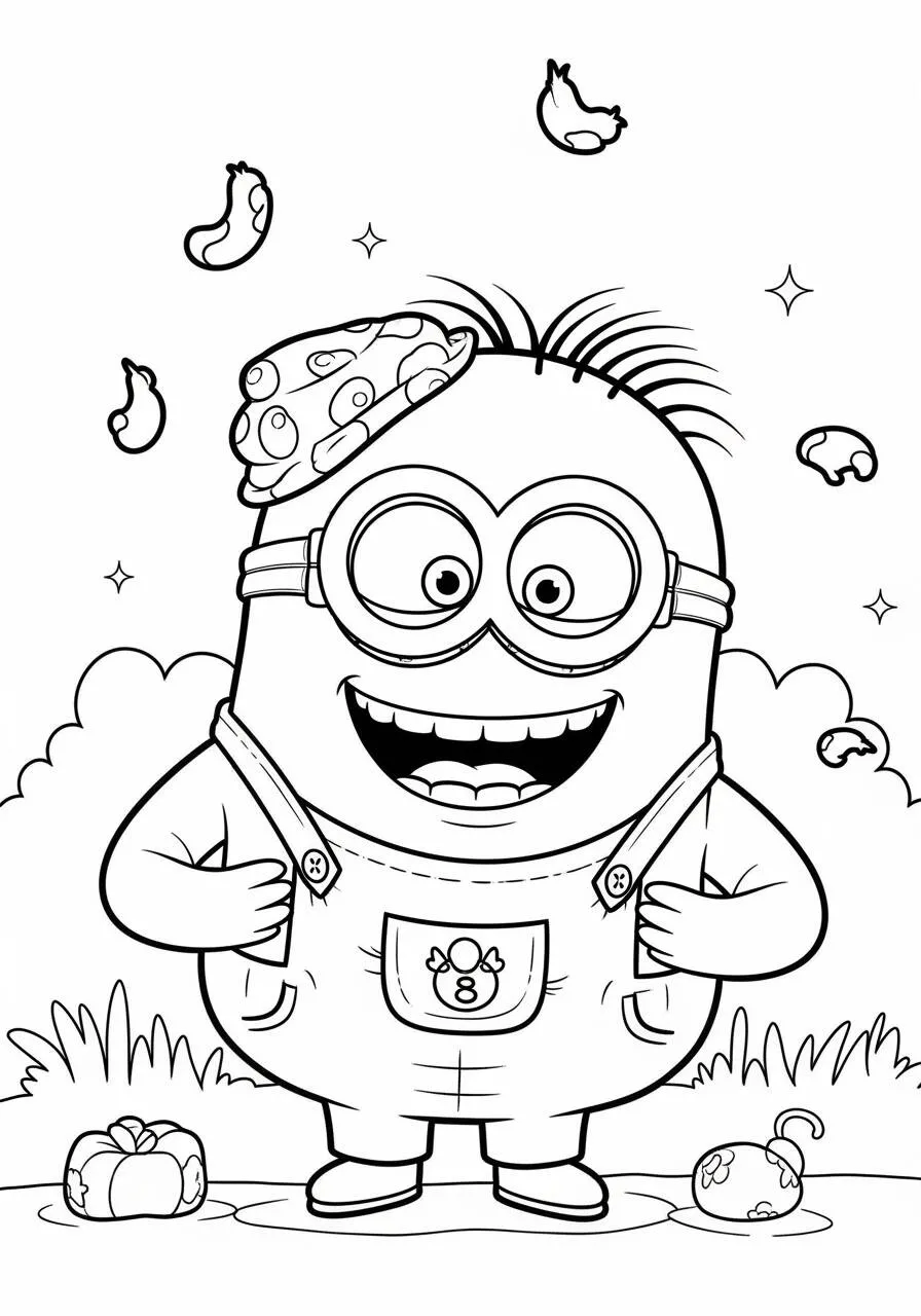 Desenho de Minion a Sorrir com Chapéu para Colorir