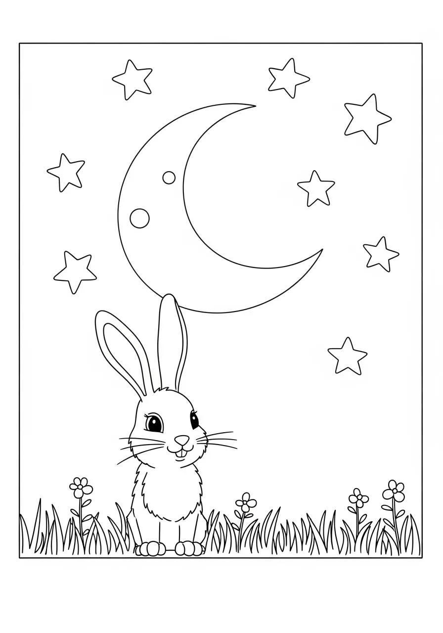 Desenho de Coelho Sob a Lua com Estrelas para Colorir