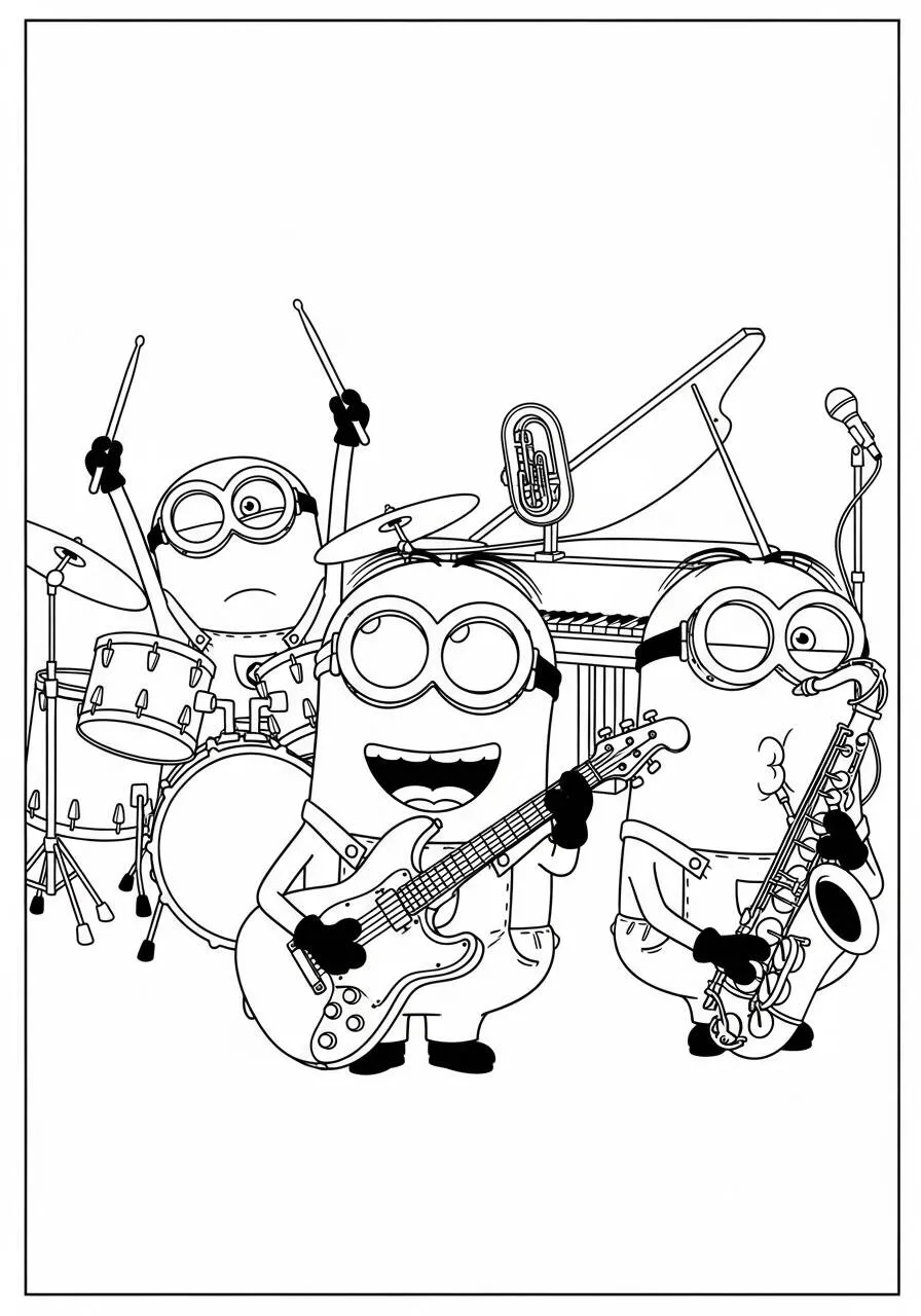 Desenho de Minions a Tocar Instrumentos para Colorir