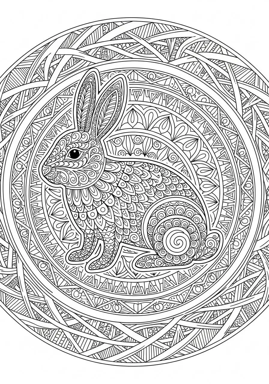 Desenho de Coelho Detalhado para Colorir com Padrões Intricados