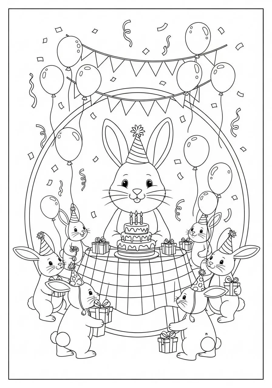 Dibujo de conejo celebrando cumpleaños con pastel y globos para colorear