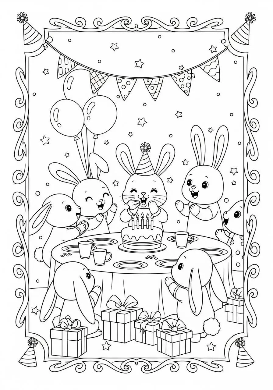 Desenho de Coelhos Celebrando Aniversário com Bolo para Colorir