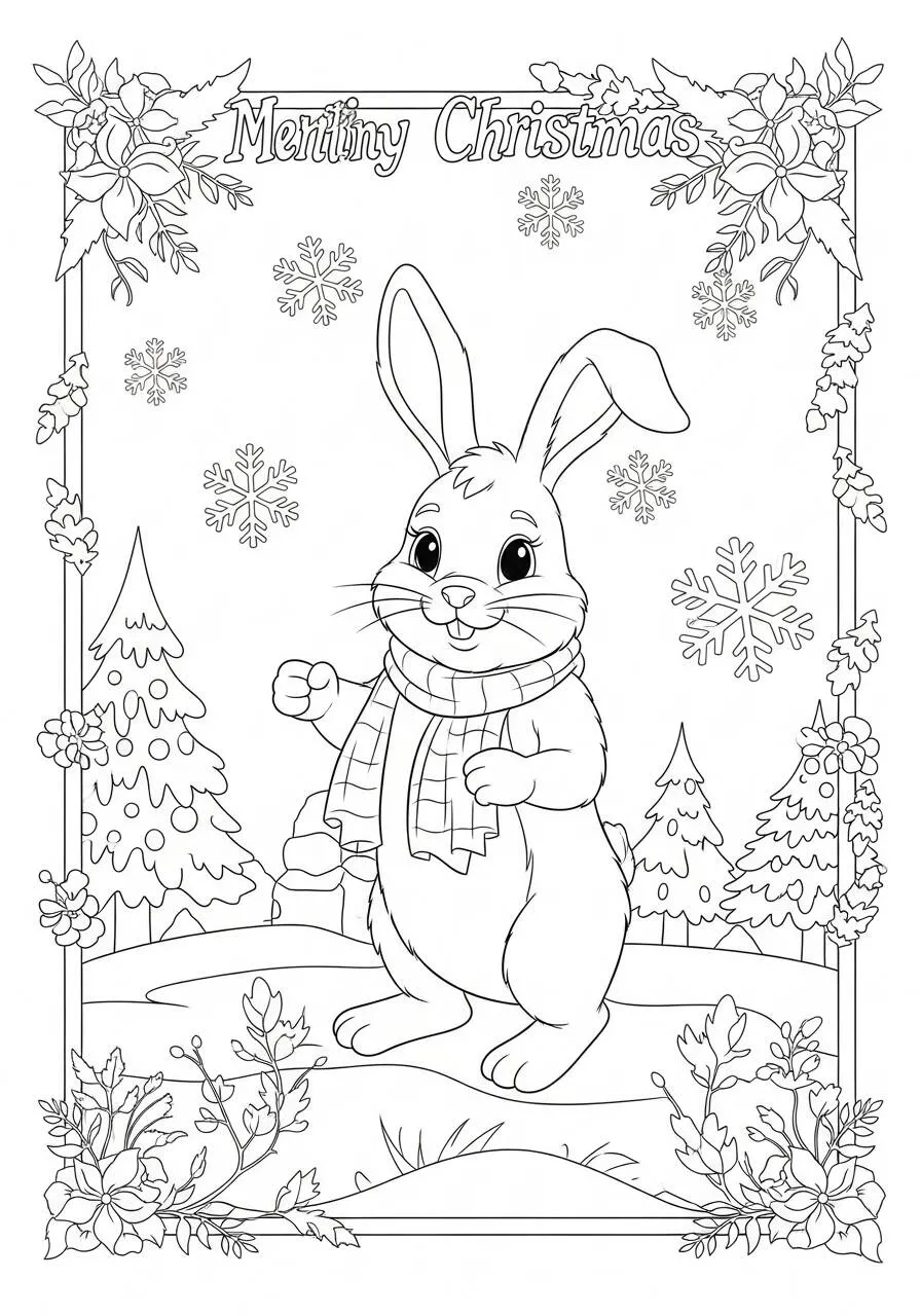 Desenho de Coelho Natalino com Cachecol para Colorir