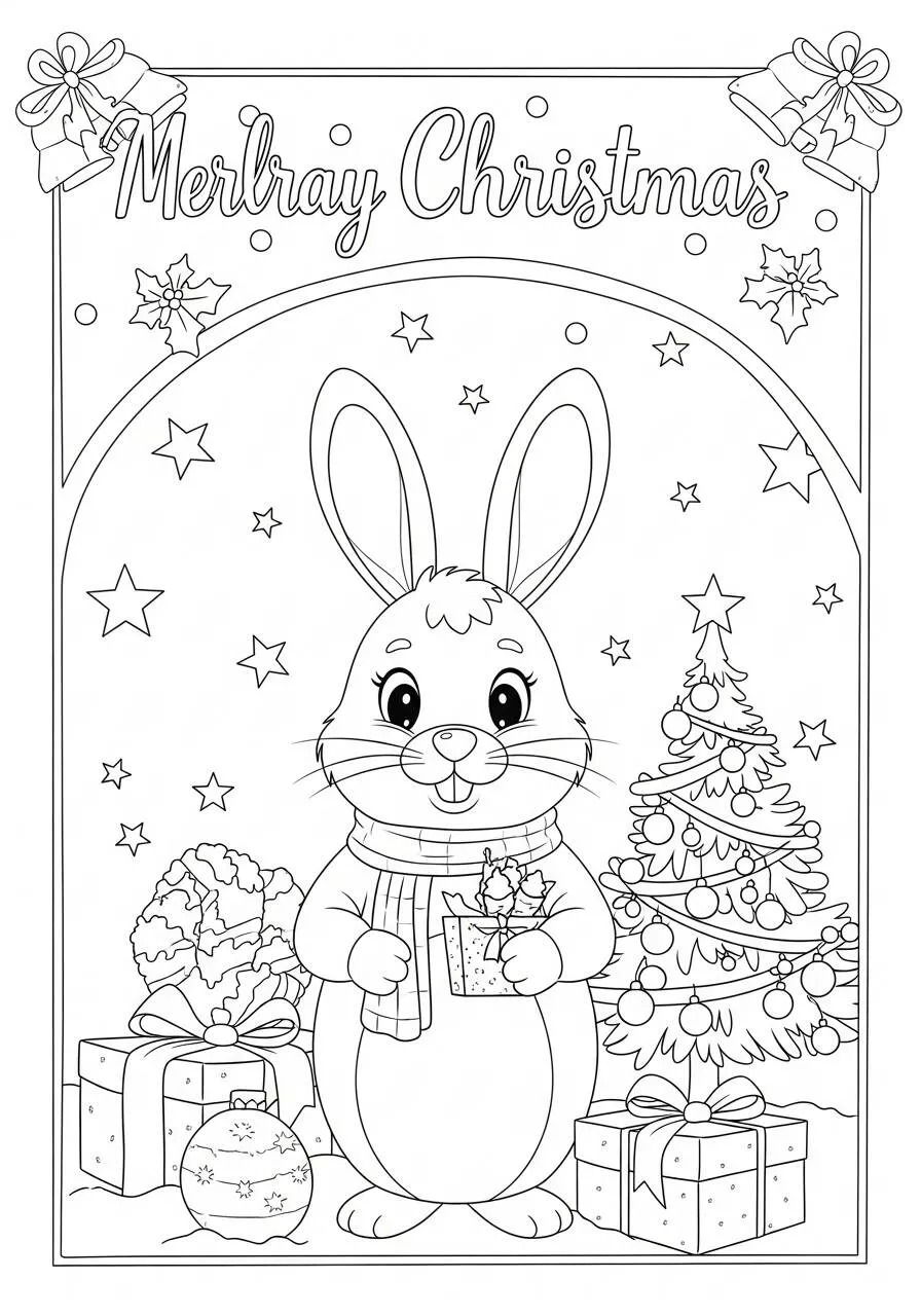 Desenho de Coelho Natalino com Presentes para Colorir