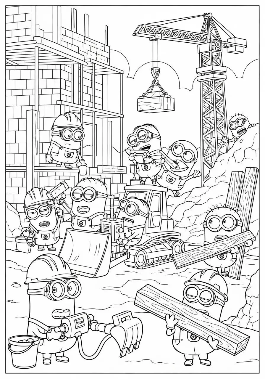 Kolorowanka Minionki pracujące na budowie