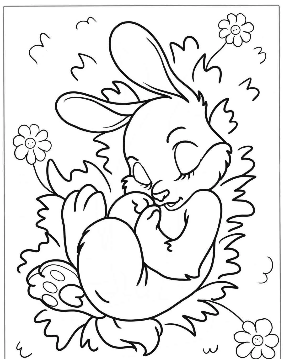 Desenho de Coelho a Dormir em um Campo de Flores para Colorir