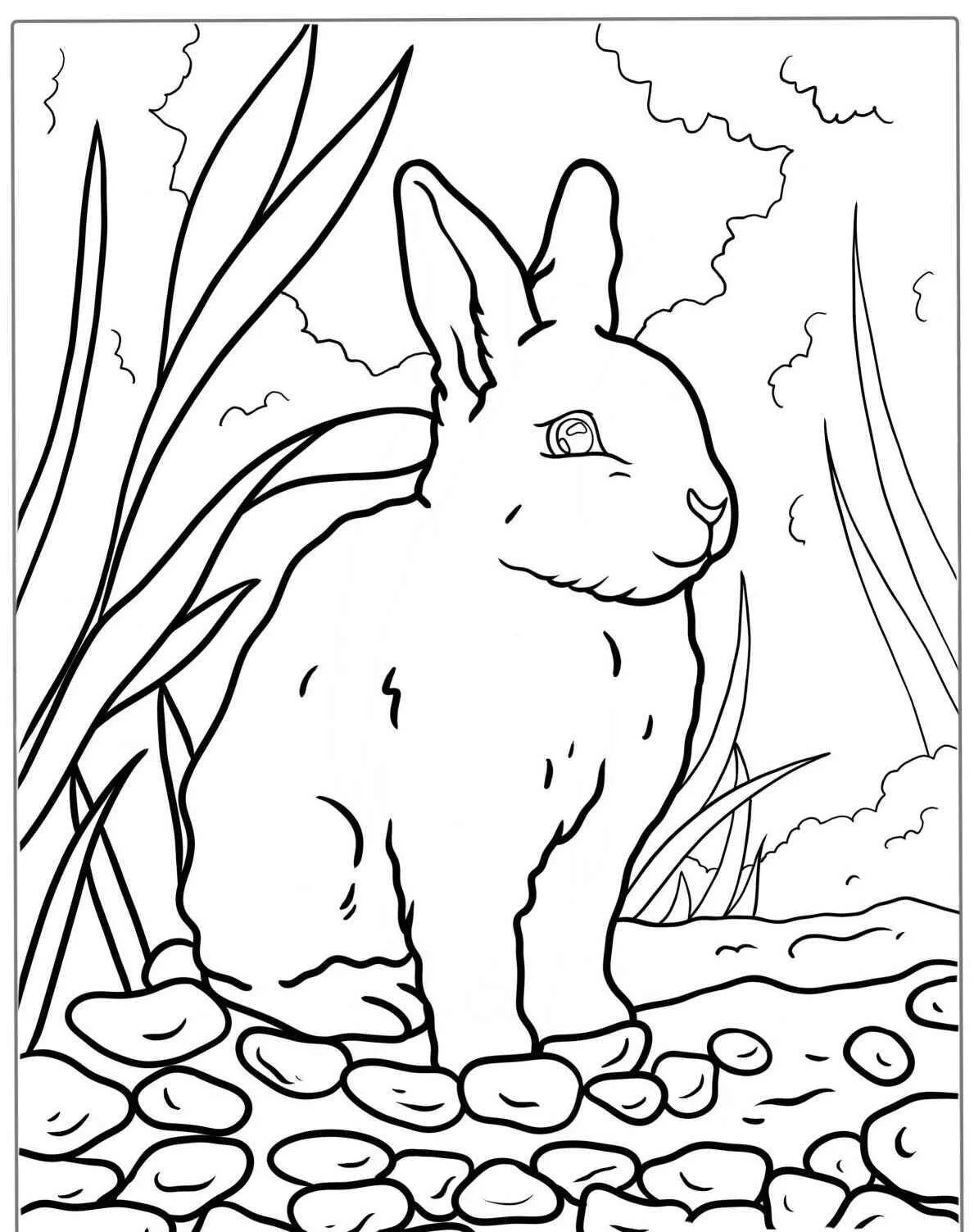 Desenho de Coelho Sentado entre Pedras para Colorir