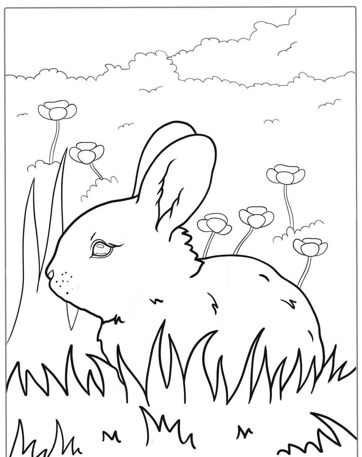 Coloriage Lapin dans l'herbe avec des fleurs