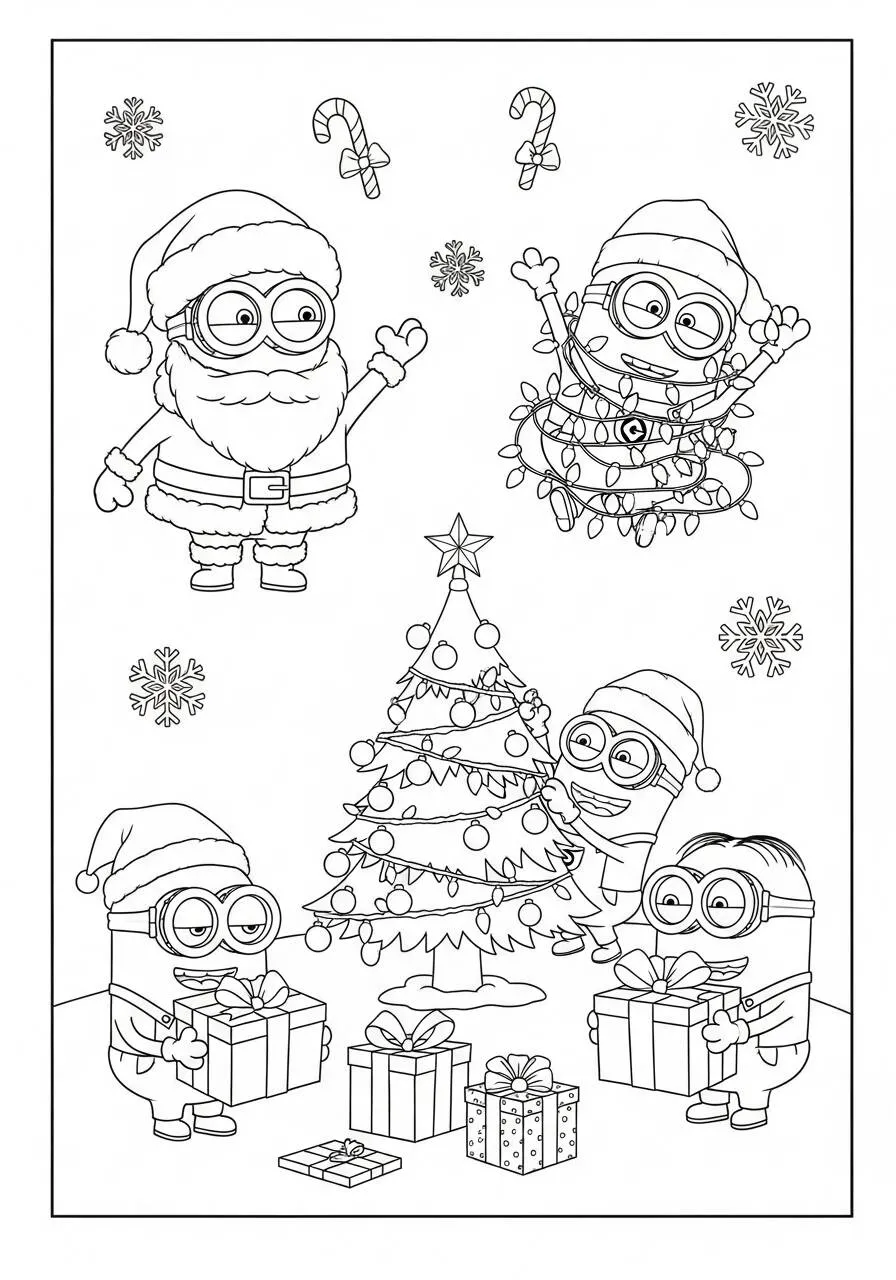 Desenho de Minions Celebrando o Natal com Presentes e Árvore para Colorir