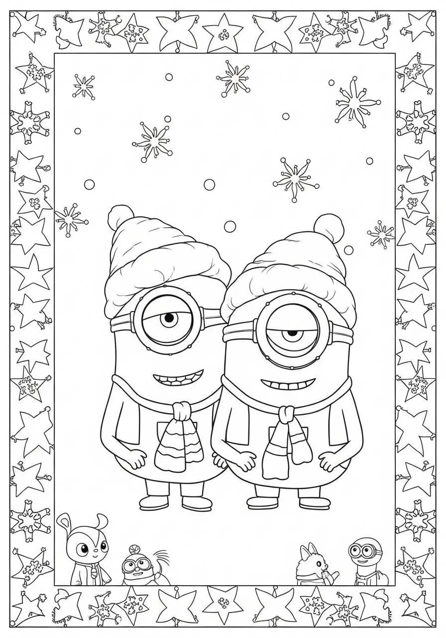 Desenho de Minions Gêmeos com Gorros de Inverno para Colorir