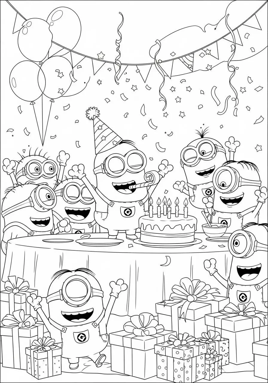 Desenho de Minions Celebrando Aniversário com Bolo para Colorir