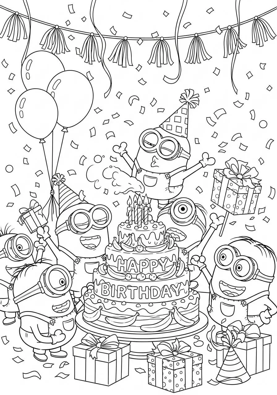 Desenho de Minions Celebrando Aniversário com Bolo e Balões para Colorir