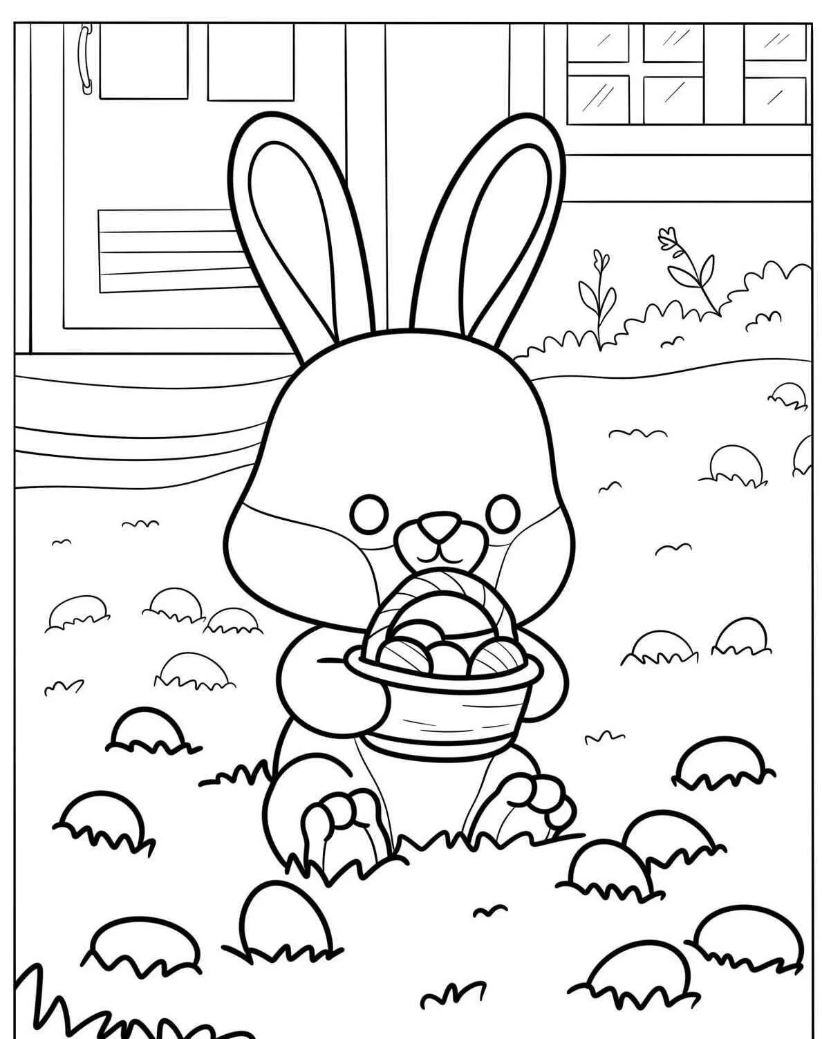 Desenho de Coelho com Cesta de Ovos para Colorir