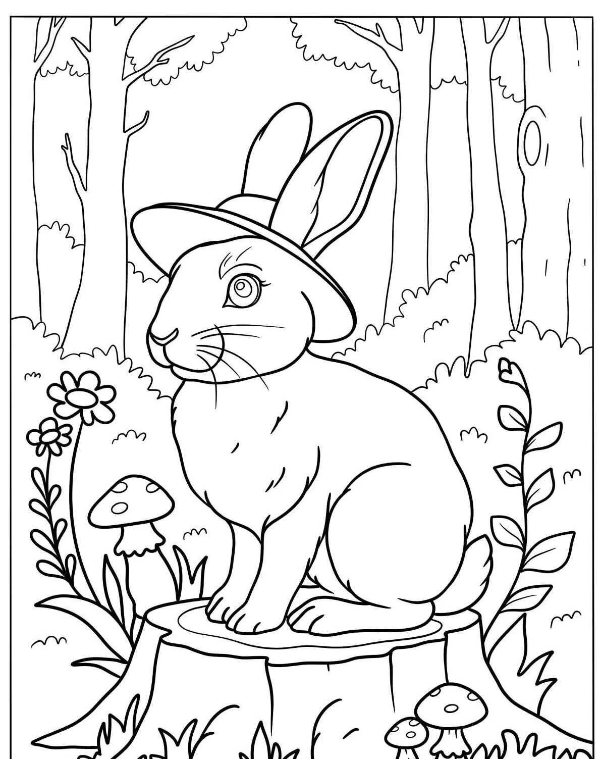 Desenho de Coelho com Chapéu na Madeira para Colorir