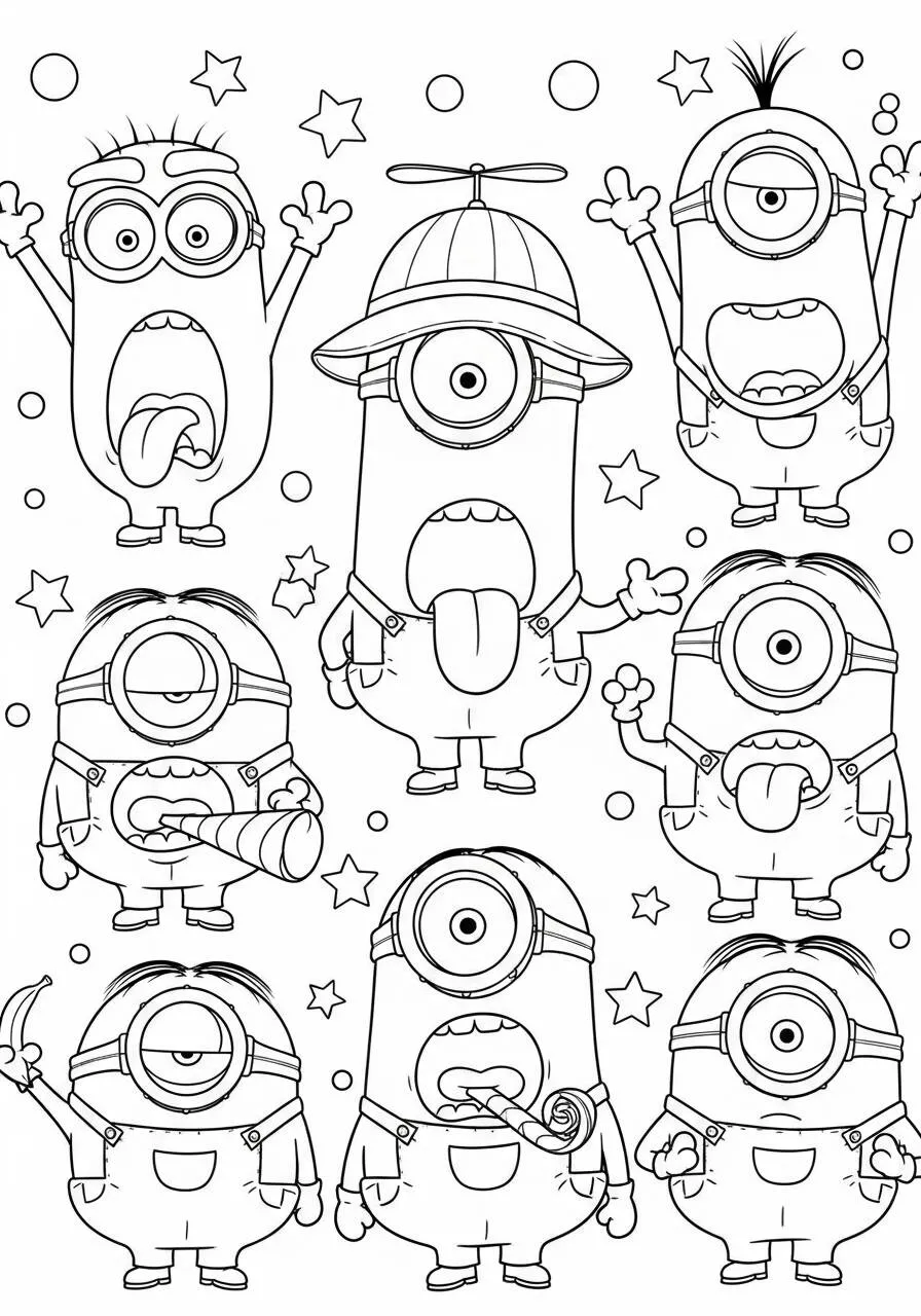 Desenho de Vários Minions Engraçados para Colorir