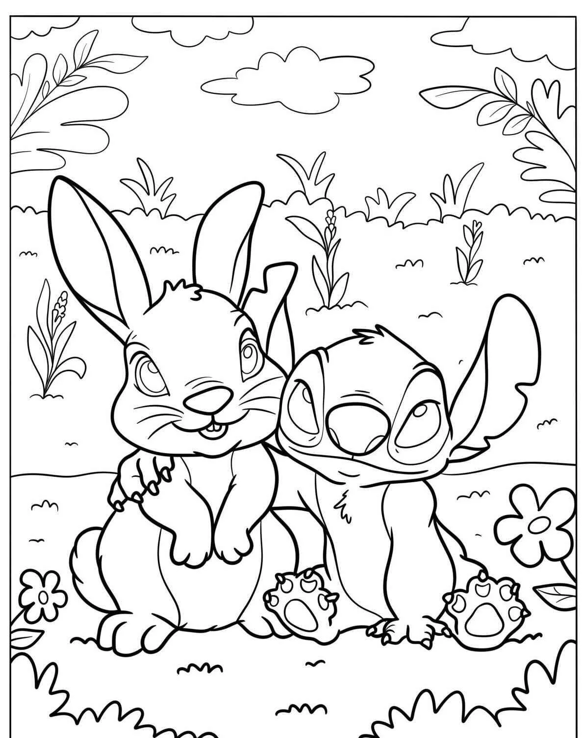 Desenho de Coelho Amigável com Pássaro para Colorir