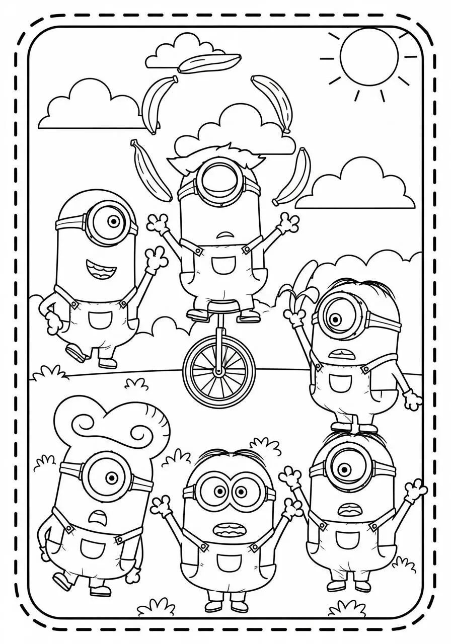 Coloriage Les Minions s'amusent avec des bananes
