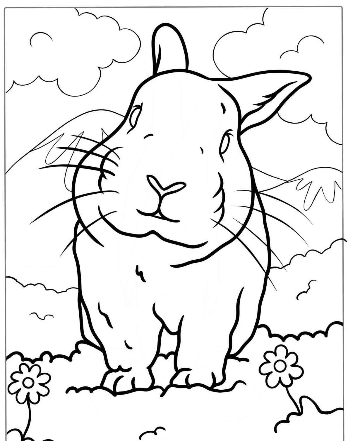 Desenho de Coelho Fofo em um Campo Florido para Colorir