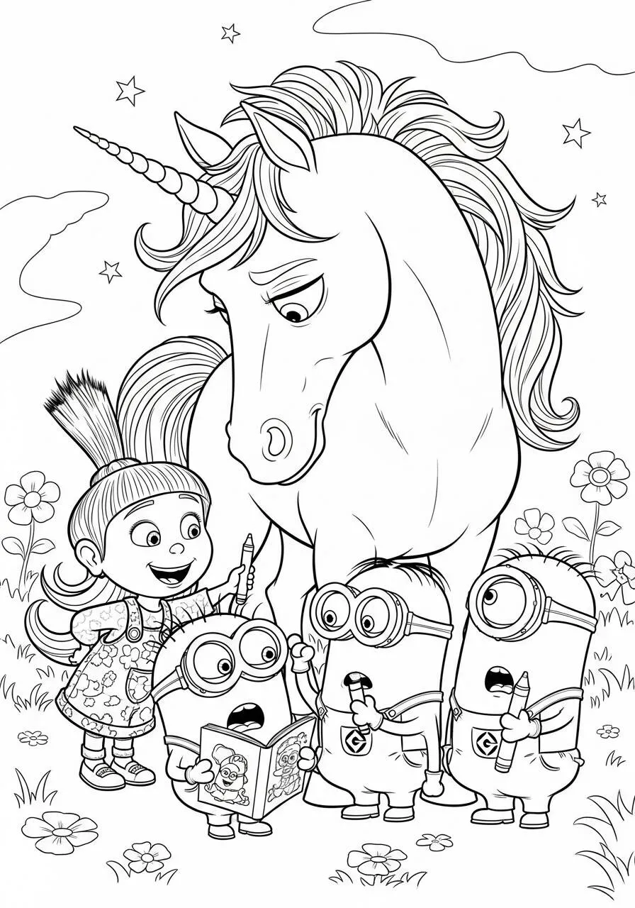 Dibujo para colorear de Minions con unicornio y niña