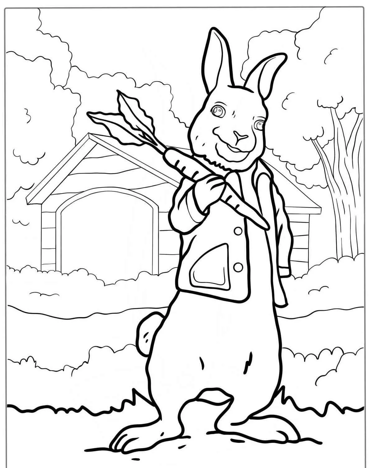 Desenho de Coelho com Cenoura e Casaco para Colorir