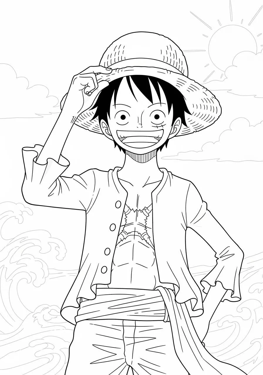 Desenho de Anime do Luffy com Chapéu de Palha para Colorir