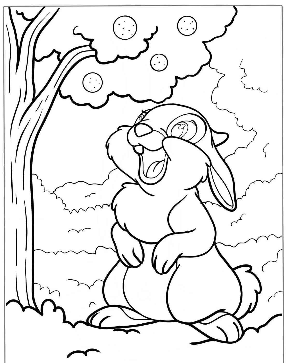 Desenho de Coelho Feliz Sob a Árvore para Colorir