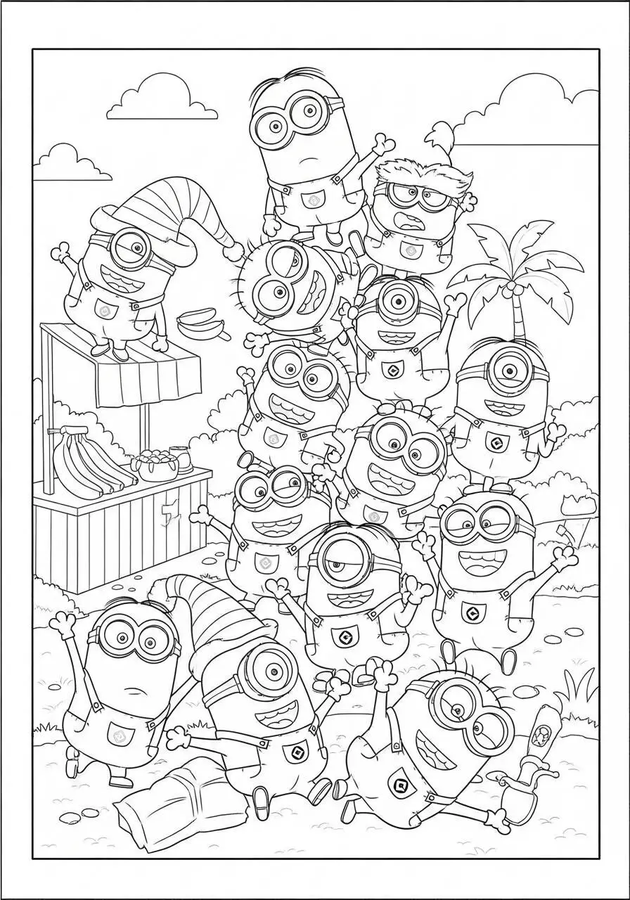 Desenho de Vários Minions a Celebrar Juntos para Colorir