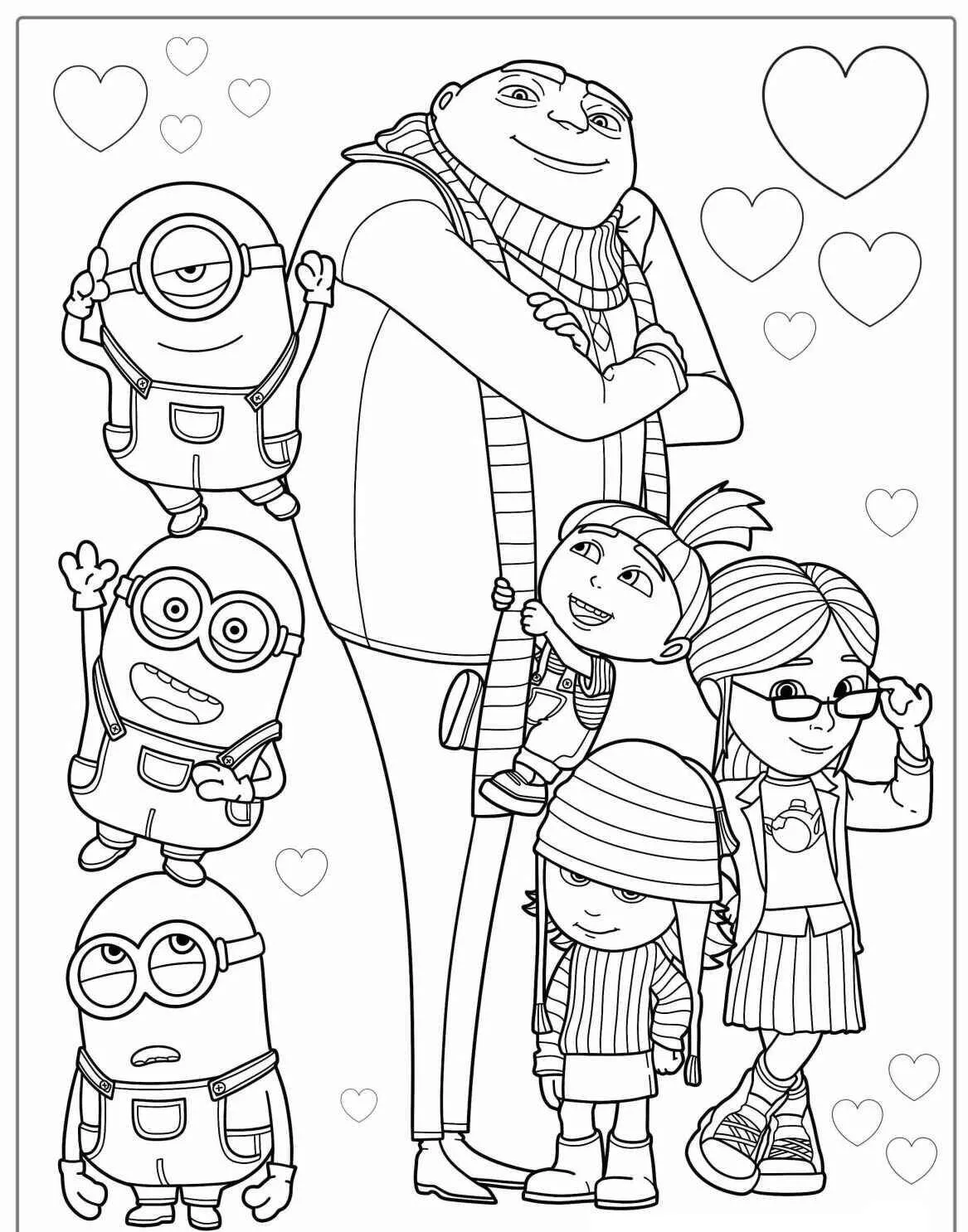 Kolorowanka Minionki i Gru z sercami