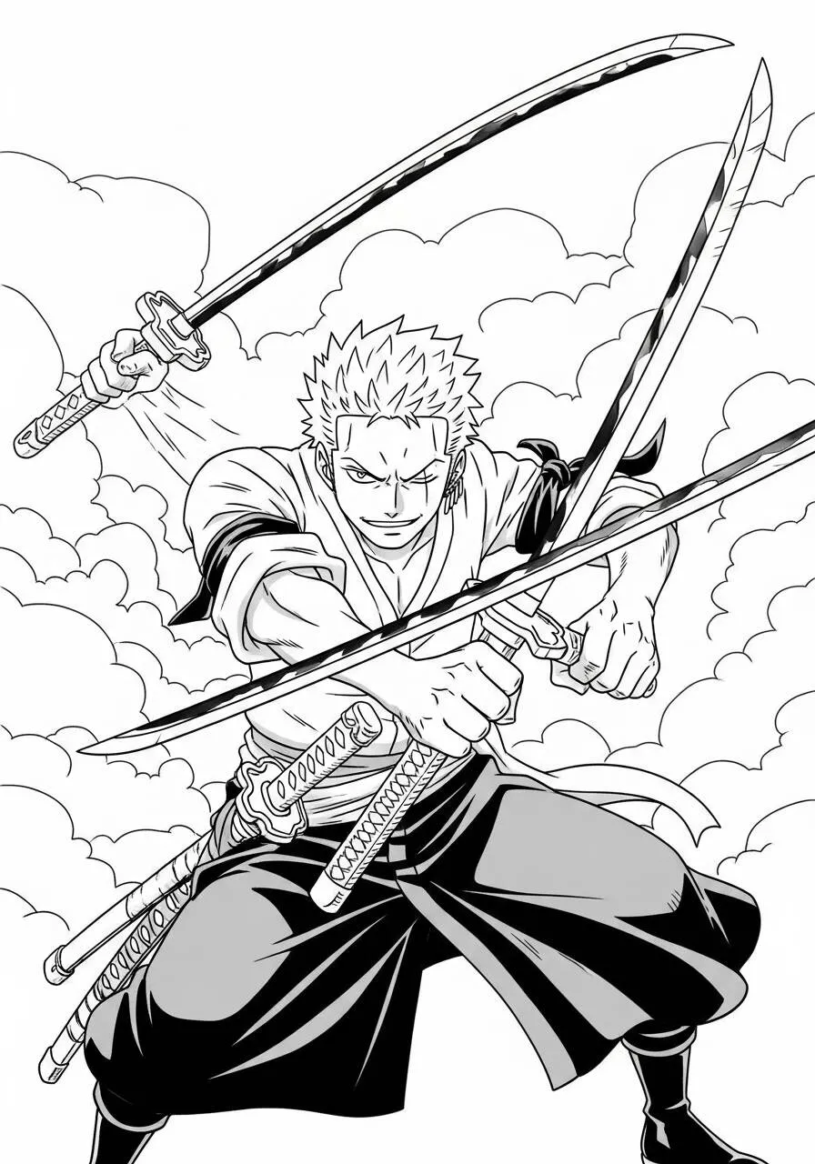 Desenho de Anime do Zoro com Três Espadas para Colorir