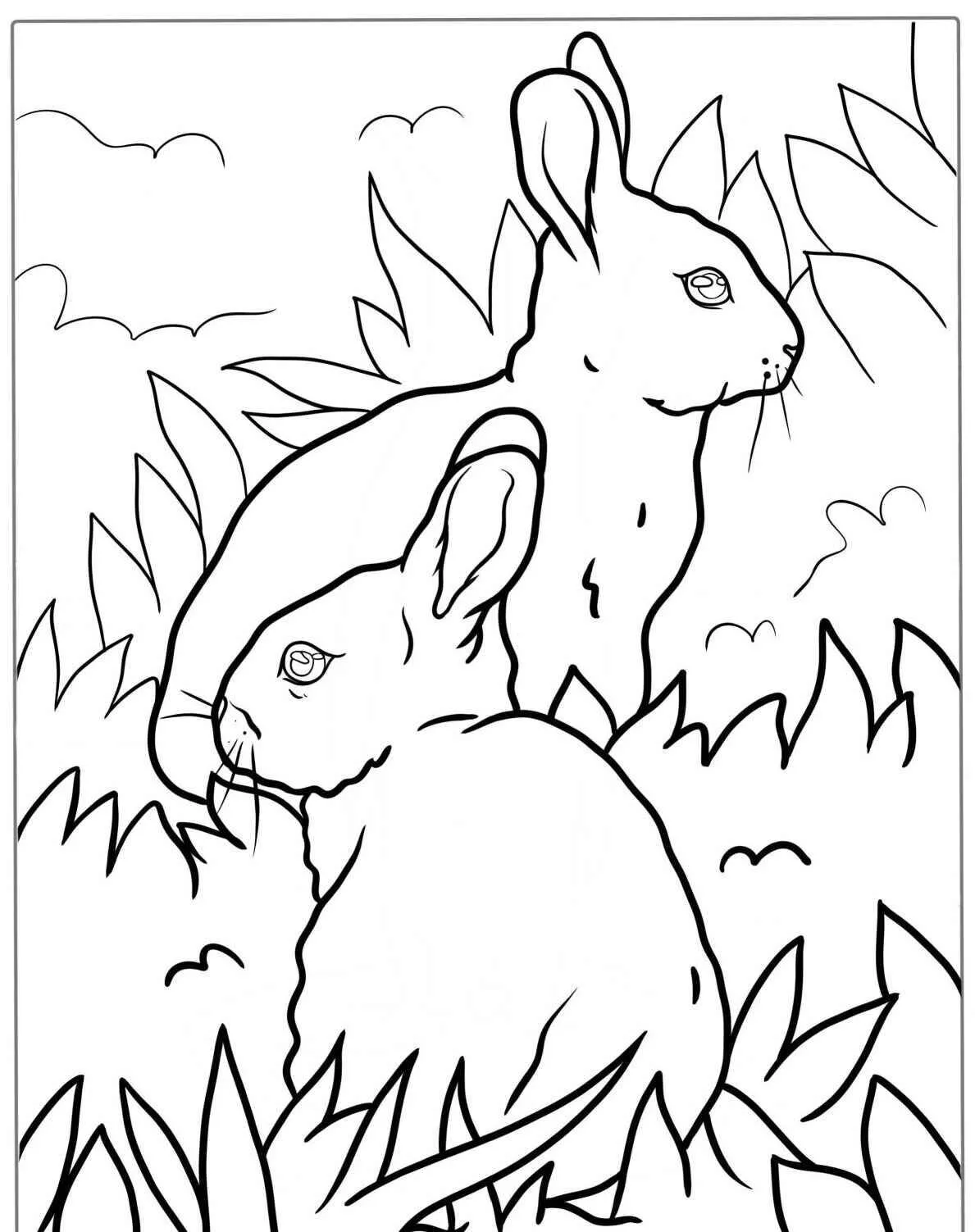 Desenho de Coelhos em um Campo Verde para Colorir