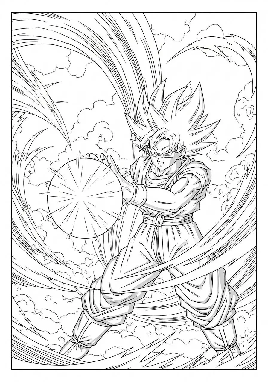 Desenho de Anime do Goku com Kamehameha para Colorir
