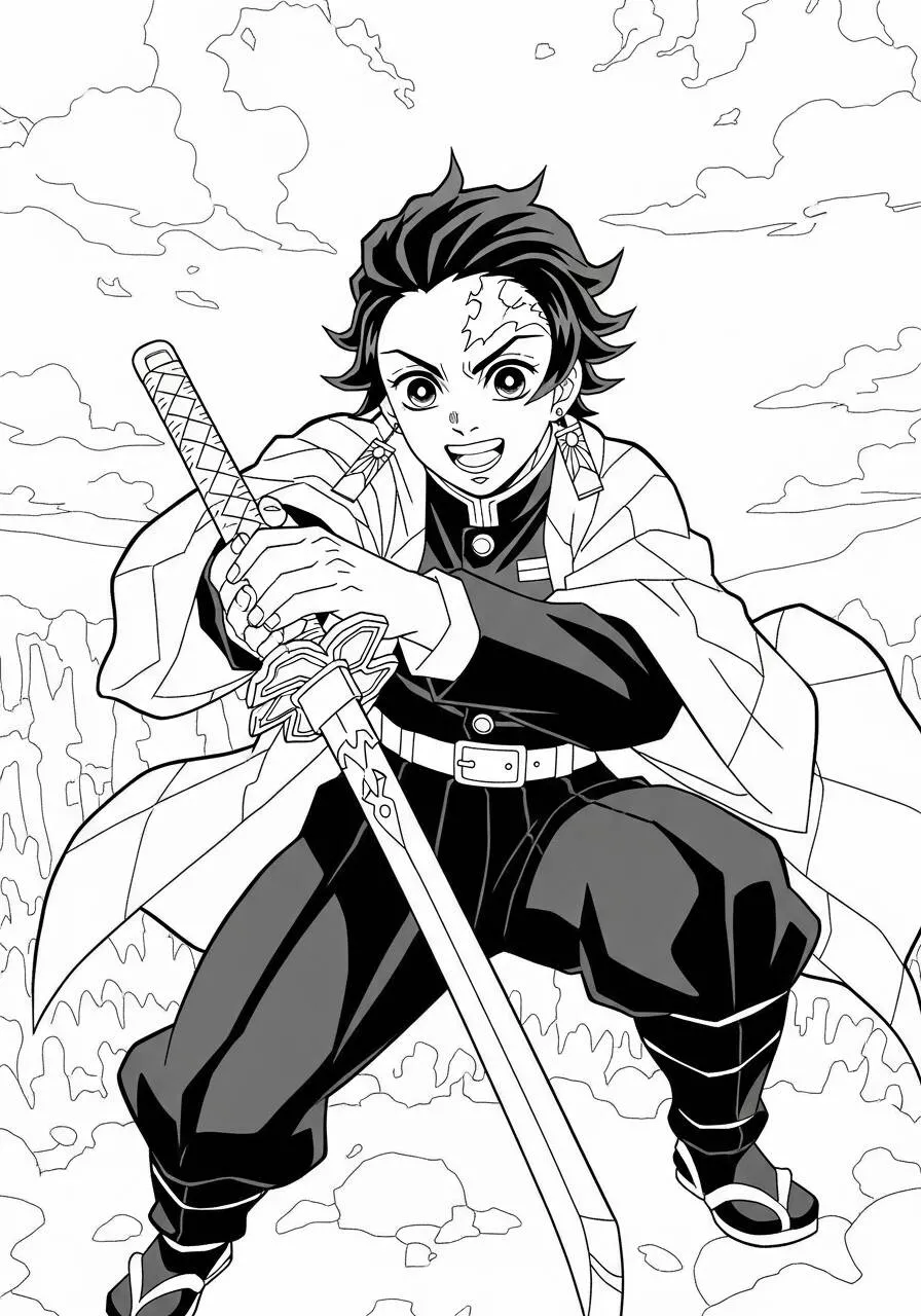 Desenho de Anime do Tanjiro com Espada da Água para Colorir