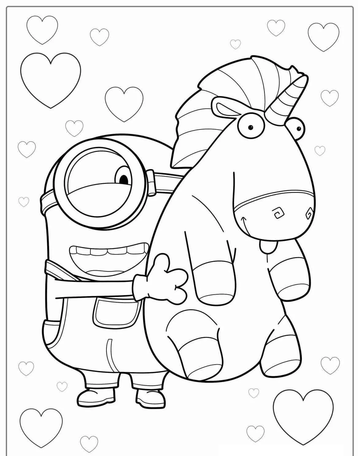 Desenho de Minion a Abraçar um Unicórnio para Colorir