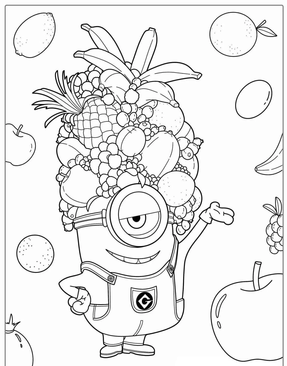 Desenho de Minion com Frutas para Colorir