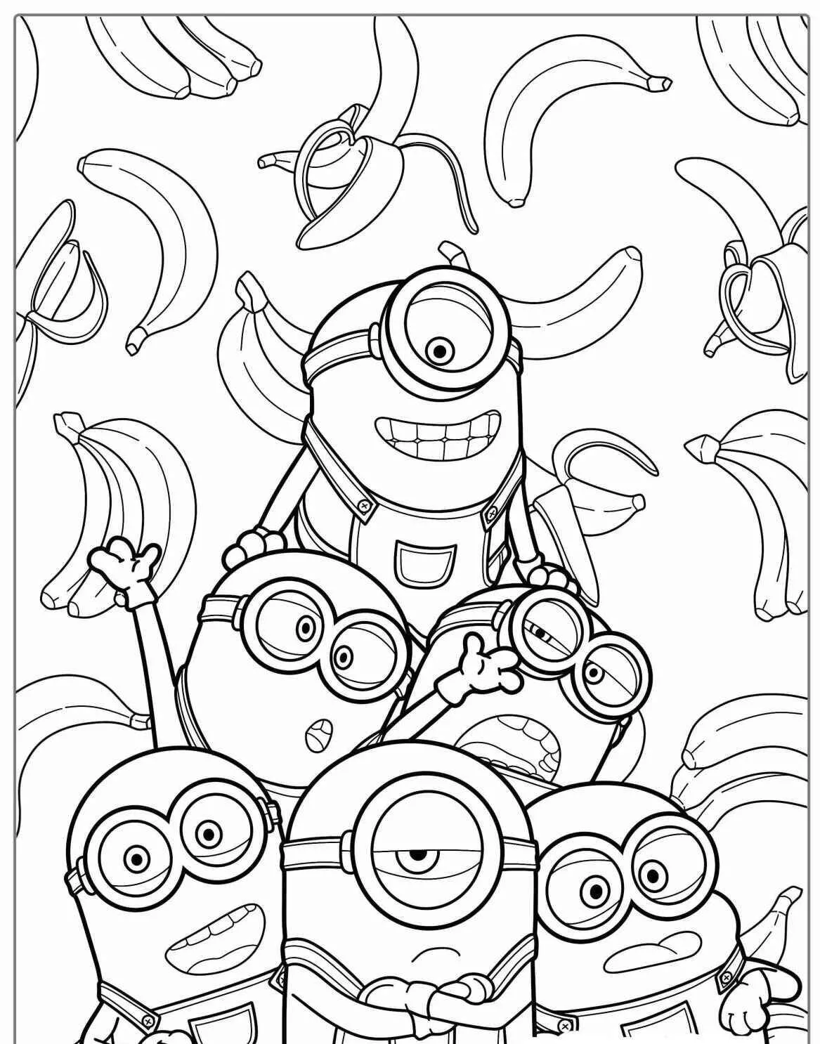 Desenho de Minions em Grupo com Bananas para Colorir