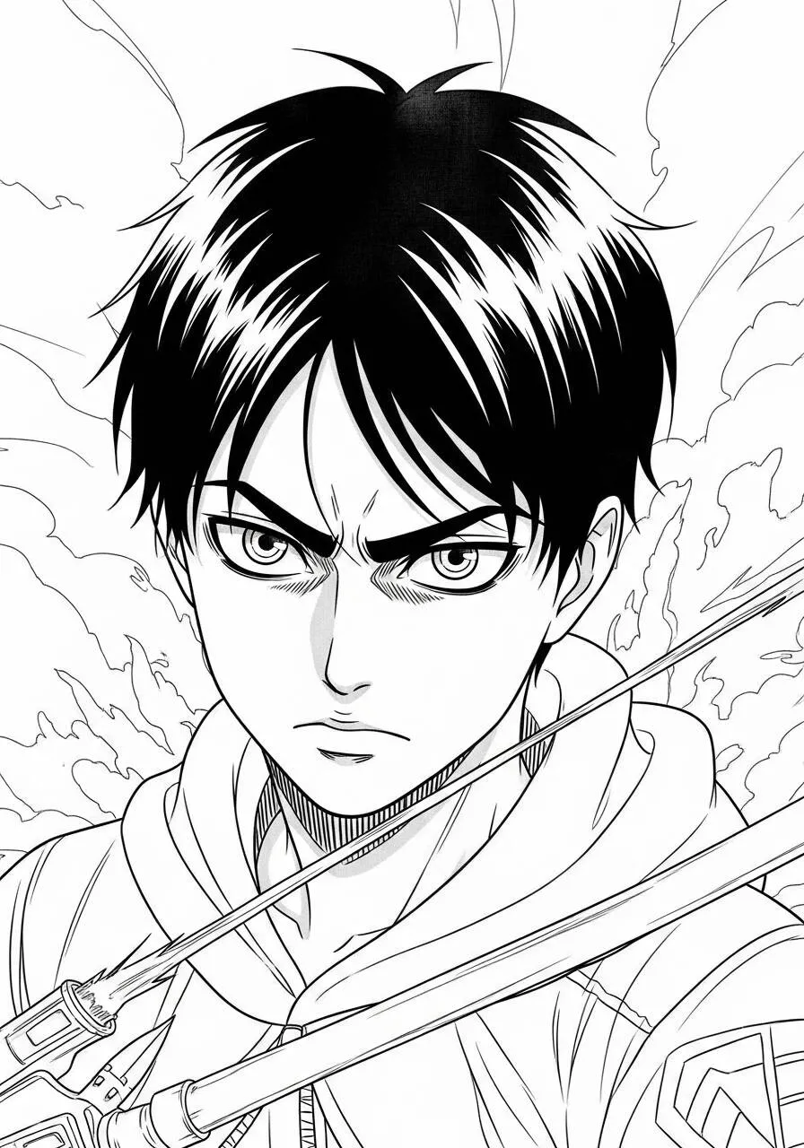 Desenho de Anime do Eren Yeager com Espada Pronta para Colorir