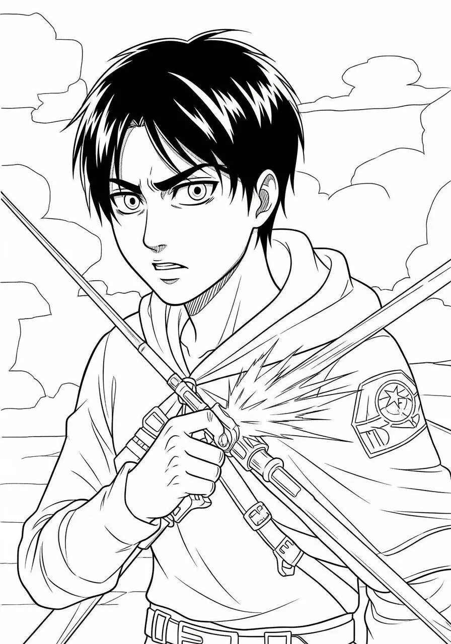Desenho de Anime do Eren Yeager com Espadas para Colorir