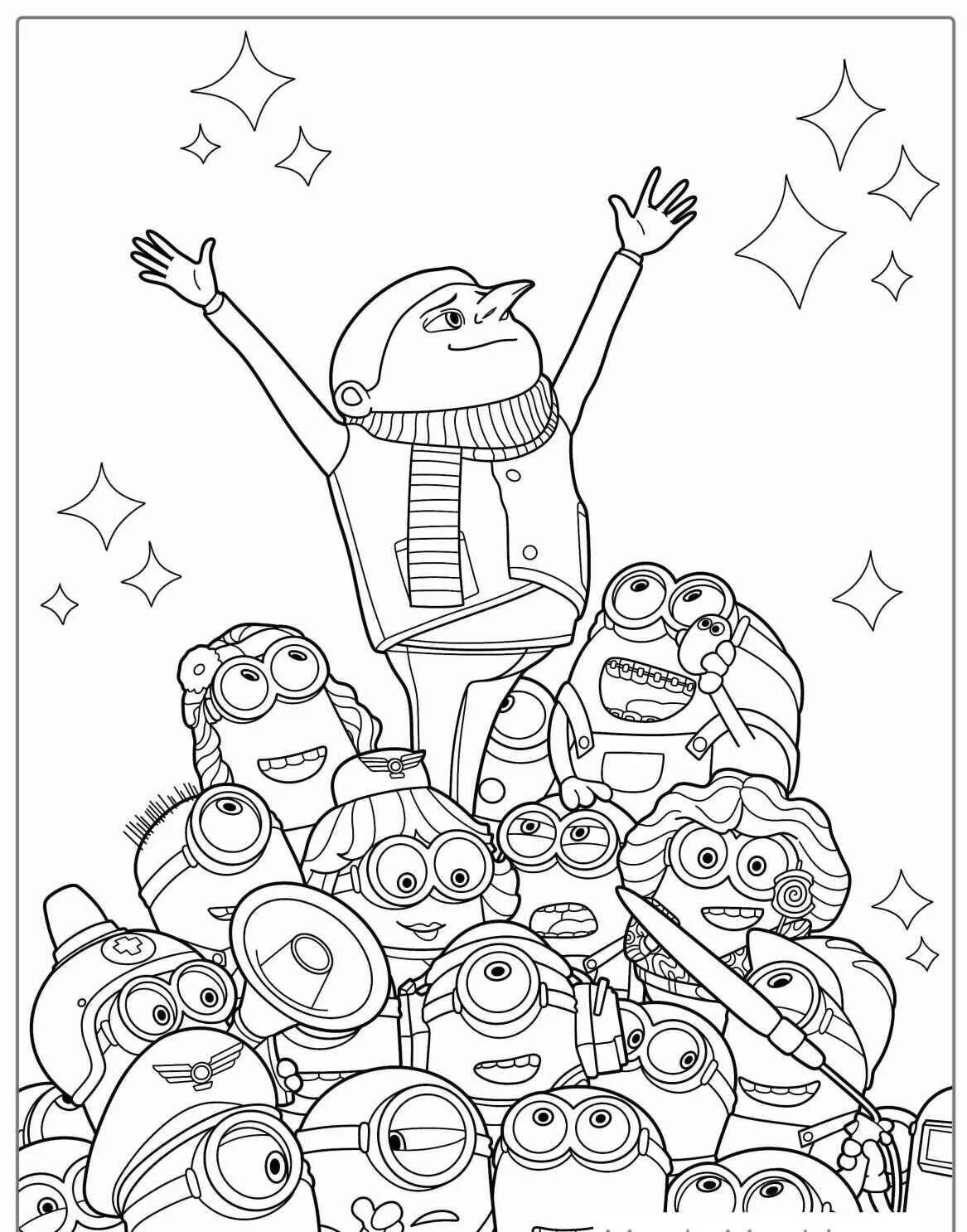 Desenho de Minions com Gru Celebrando para Colorir
