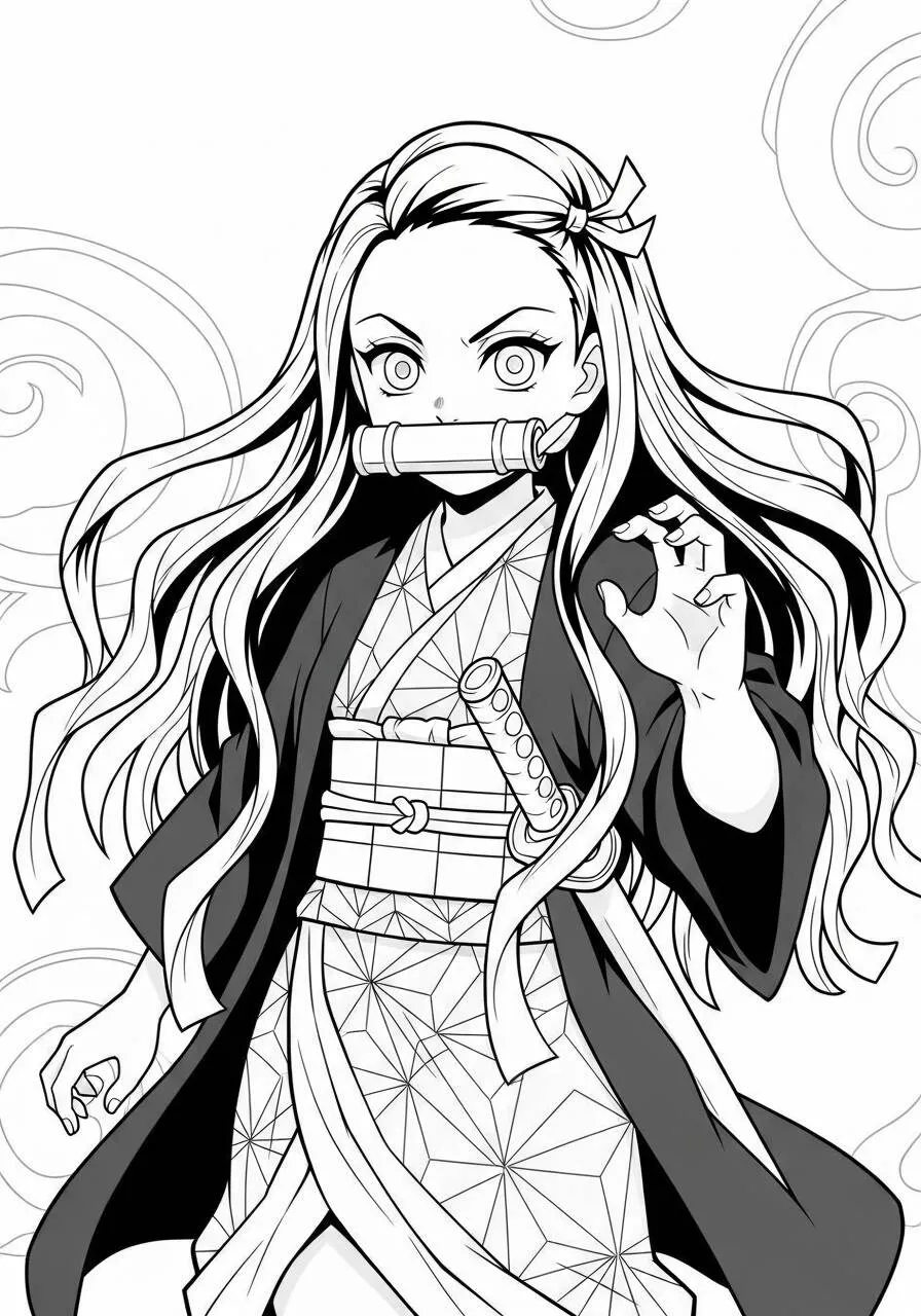 Desenho de Anime da Nezuko com Bastão para Colorir