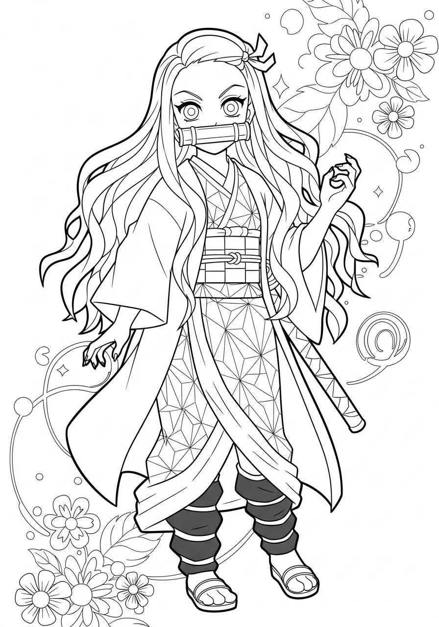 Anime Nezuko con máscara para colorear