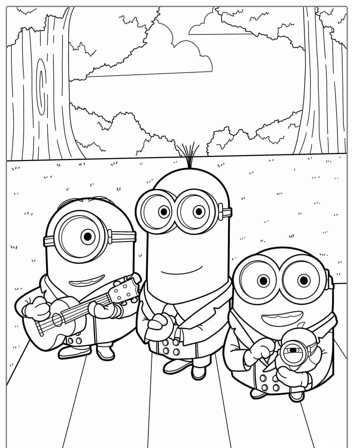 Desenho de Minions a Tocar Instrumentos para Colorir