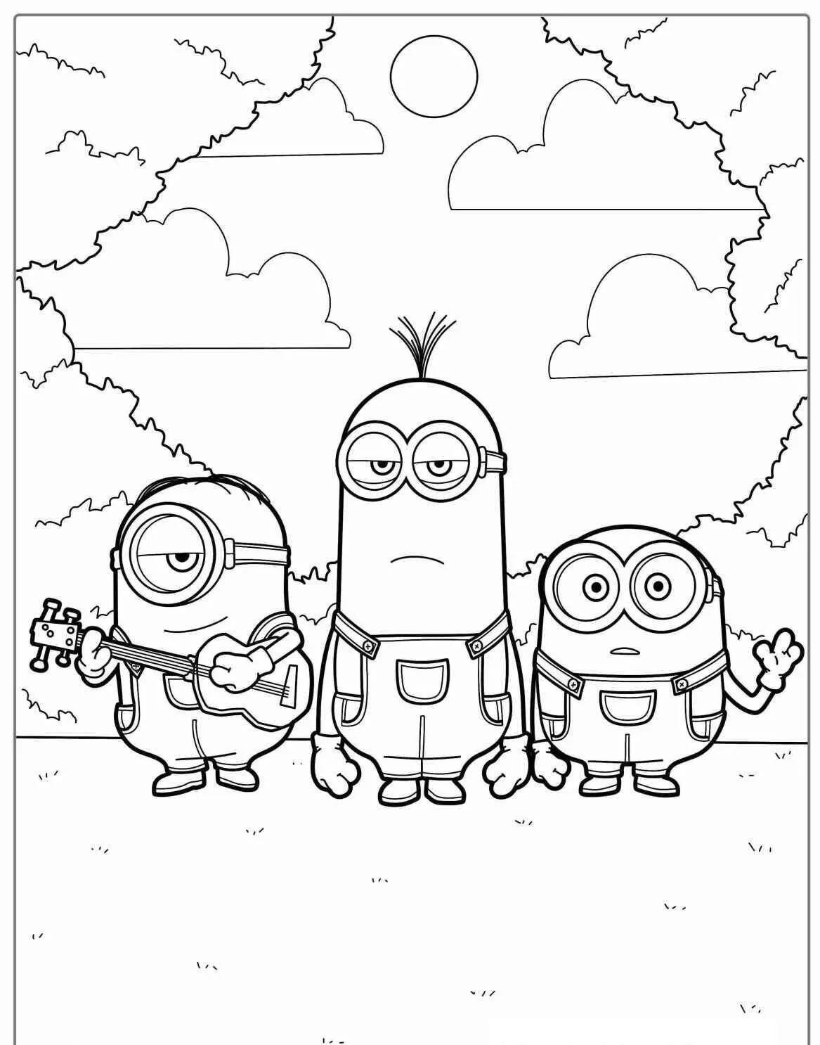 Desenho de Minions a Tocar Instrumentos para Colorir
