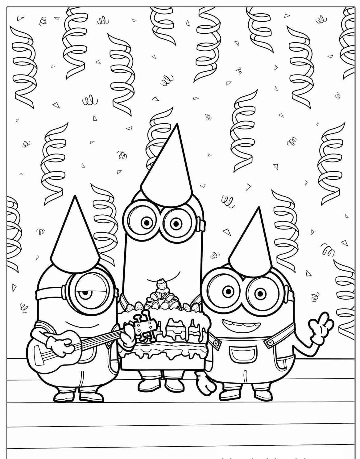 Desenho de Minions Celebrando Aniversário com Bolo para Colorir