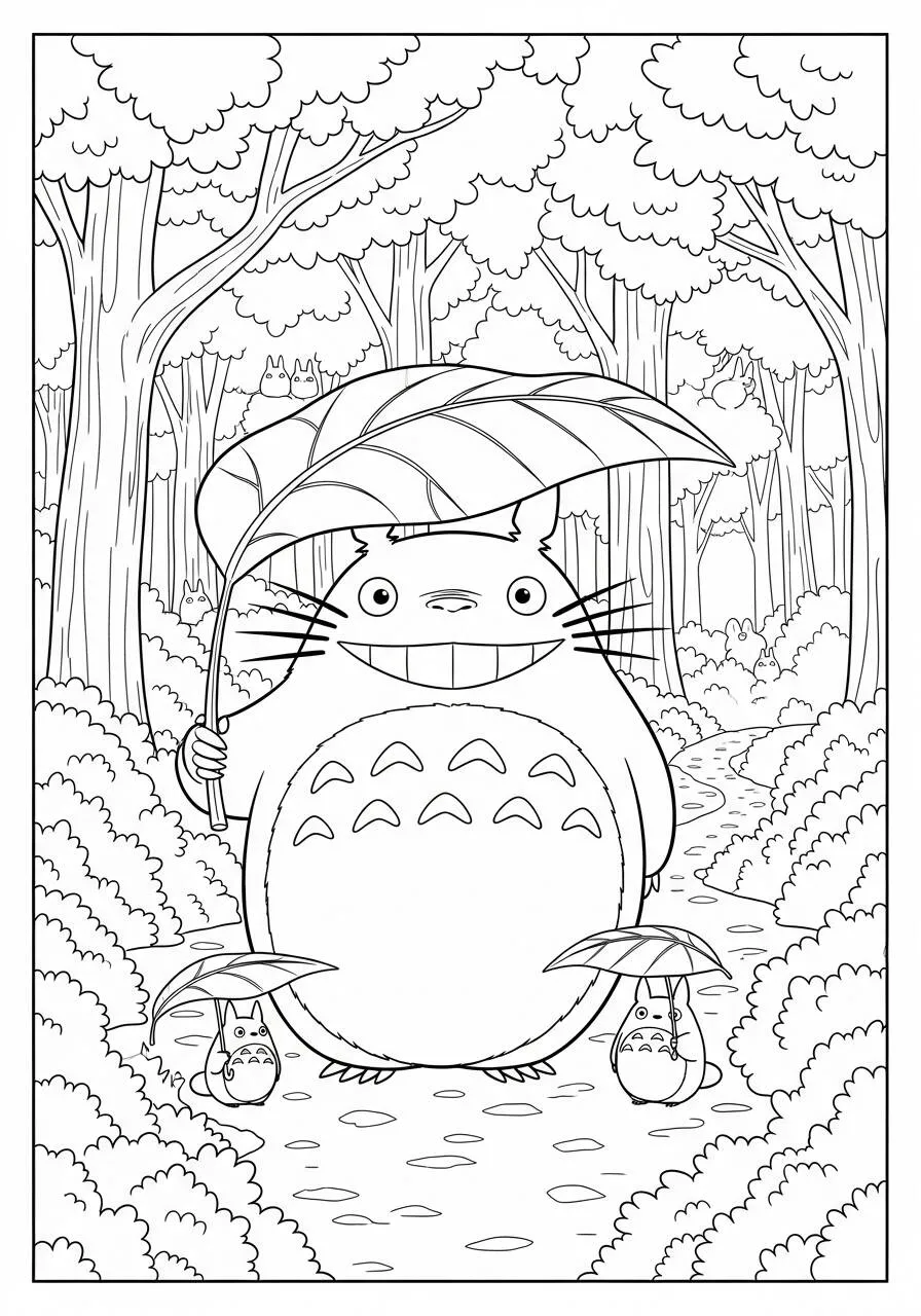 Desenho de Anime do Totoro com Guarda chuva para Colorir