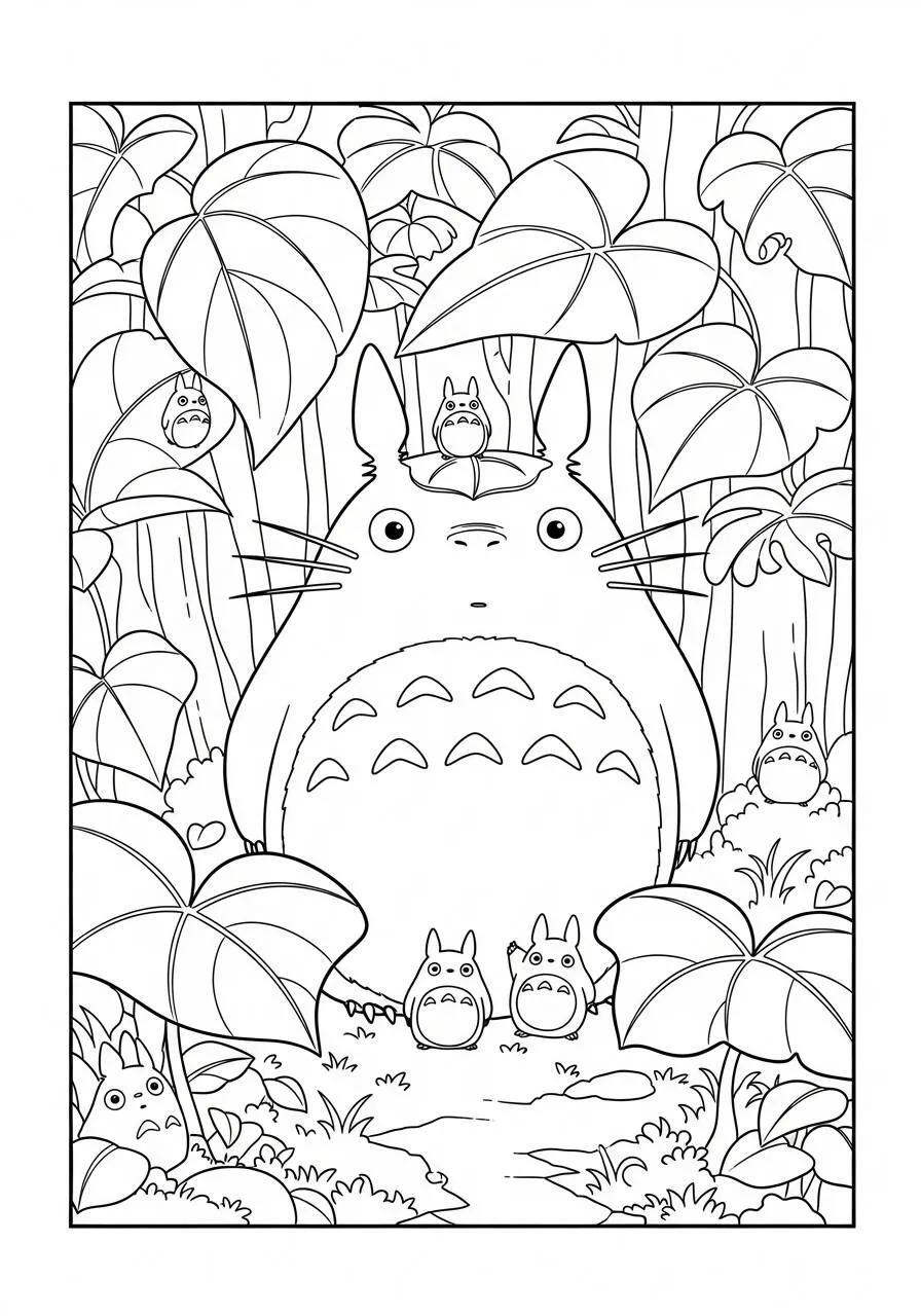 Desenho de Anime do Totoro na Floresta para Colorir