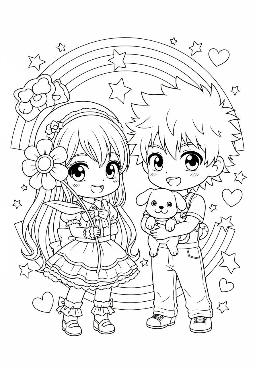 Desenho de Anime de Menina e Menino com Cãozinho para Colorir