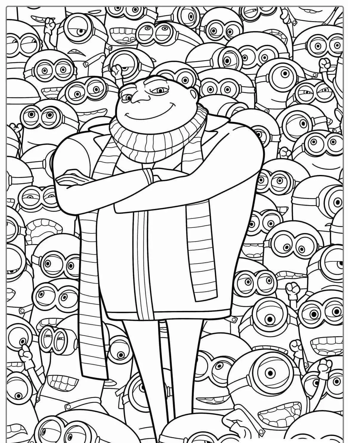 Desenho de Minion e Gru para Colorir com Muitos Minions ao Redor