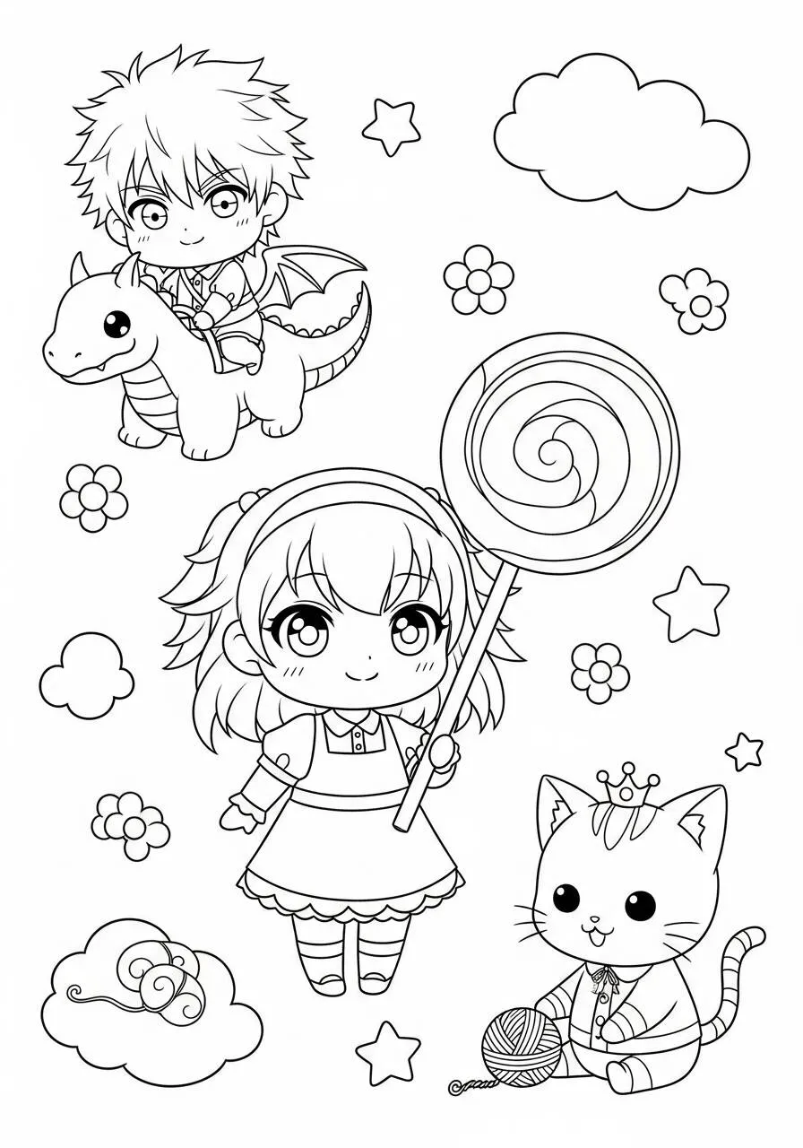 Desenho de Anime da Menina com Pirulito e Dragão para Colorir