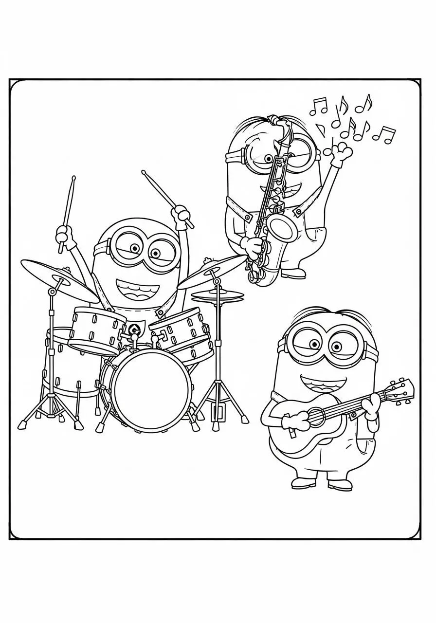 Desenho de Minions a Tocar Instrumentos para Colorir