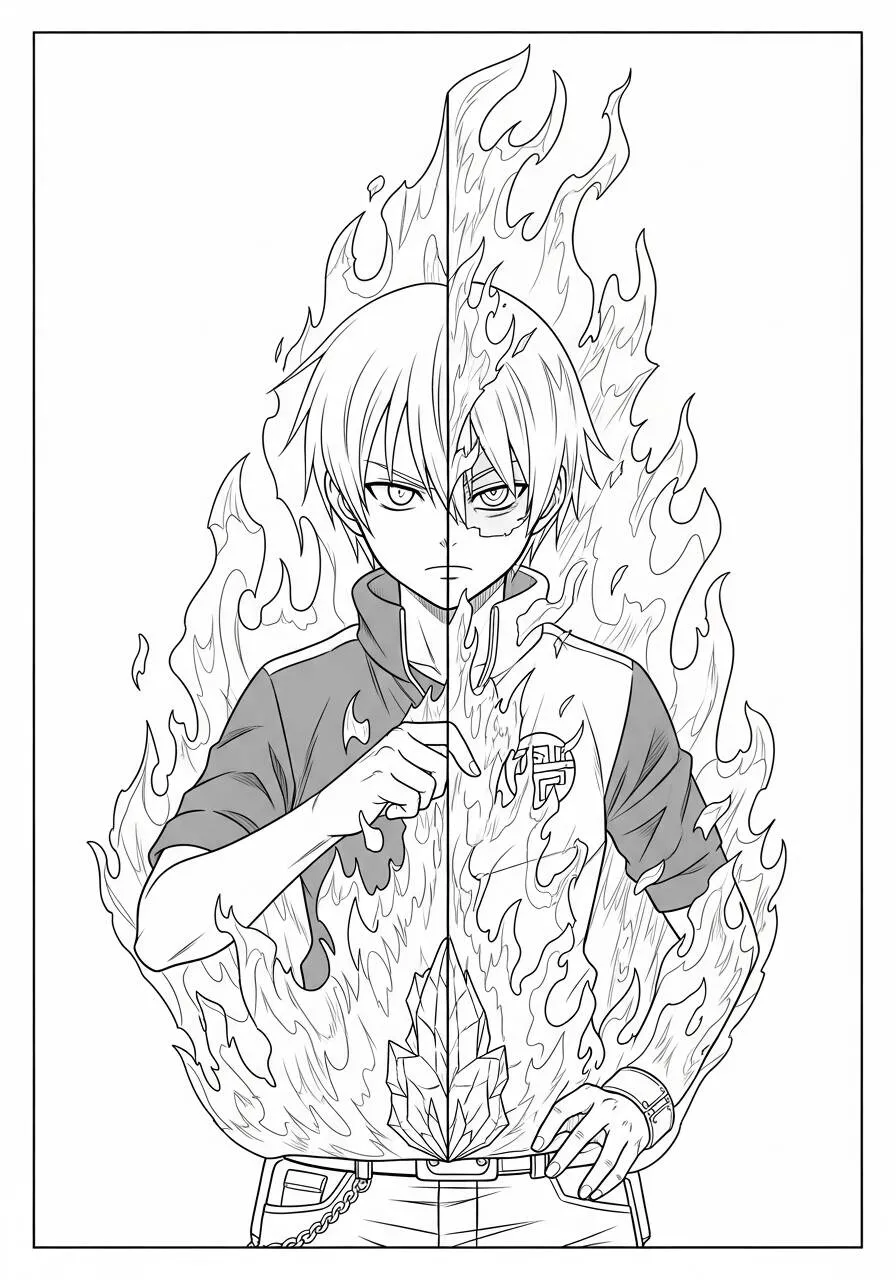 Desenho de Anime do Shouto Todoroki com Chamas para Colorir